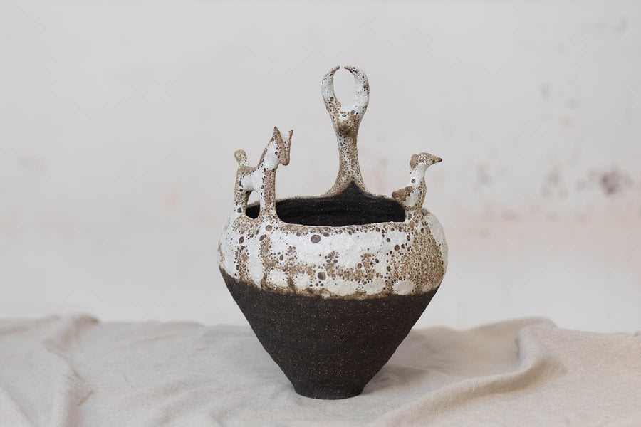 Black & White Bull, Bird, and Horse Vase by Melina Xenaki — handcrafted Vase